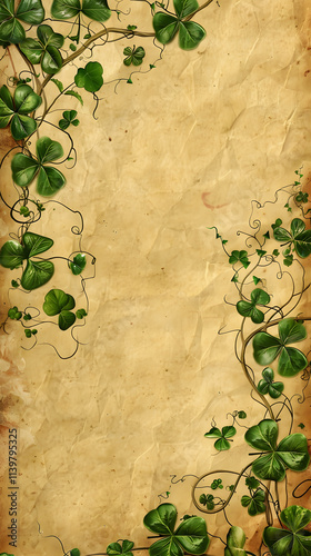 Vintage clover leaf border on aged parchment background