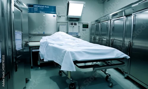 A sterile corridor in a morgue with metal storage units.