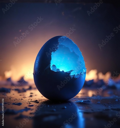 Glowing blue light emanating from a mysterious eggshell, soft focus, bioluminescent, radiant photo