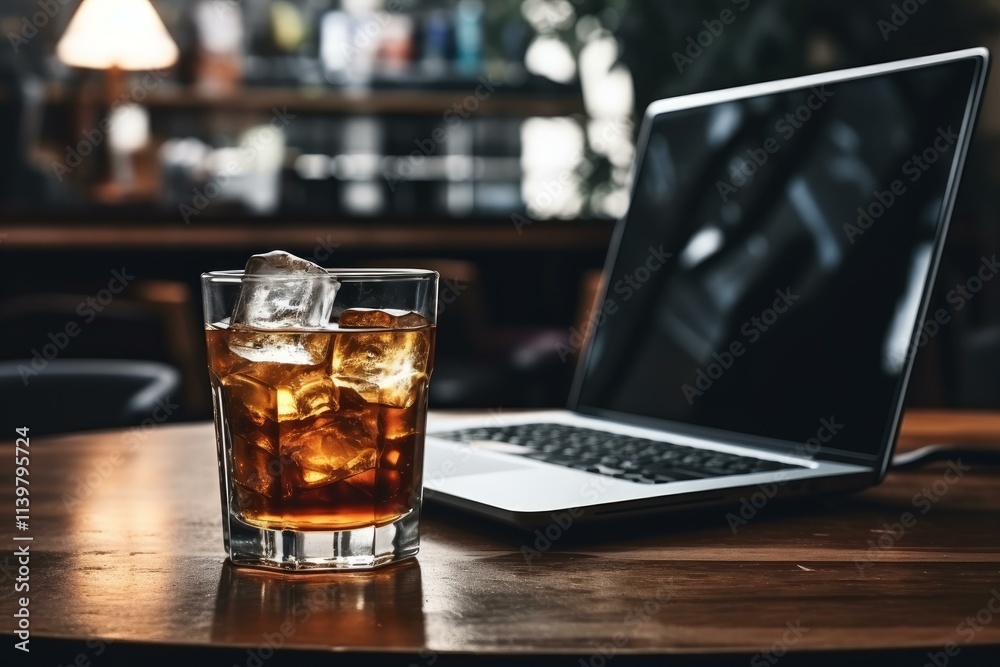 Glass of whiskey with ice cubes near laptop on wooden table in modern bar, representing work life balance or remote working Glass of whiskey with ice cubes near laptop on wooden table in modern bar, representing work life balance or remote working