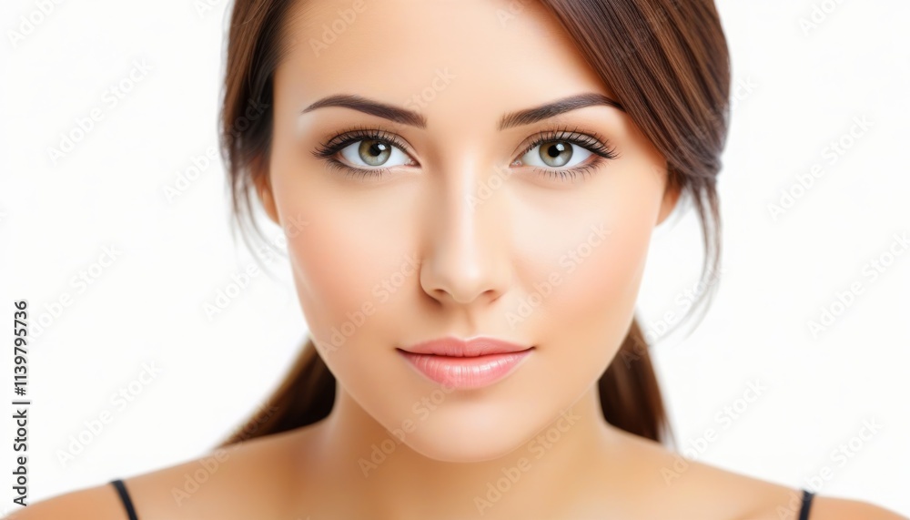 Woman with natural beauty and serene expression against a bright white background Woman with natural beauty and serene expression against a bright white background