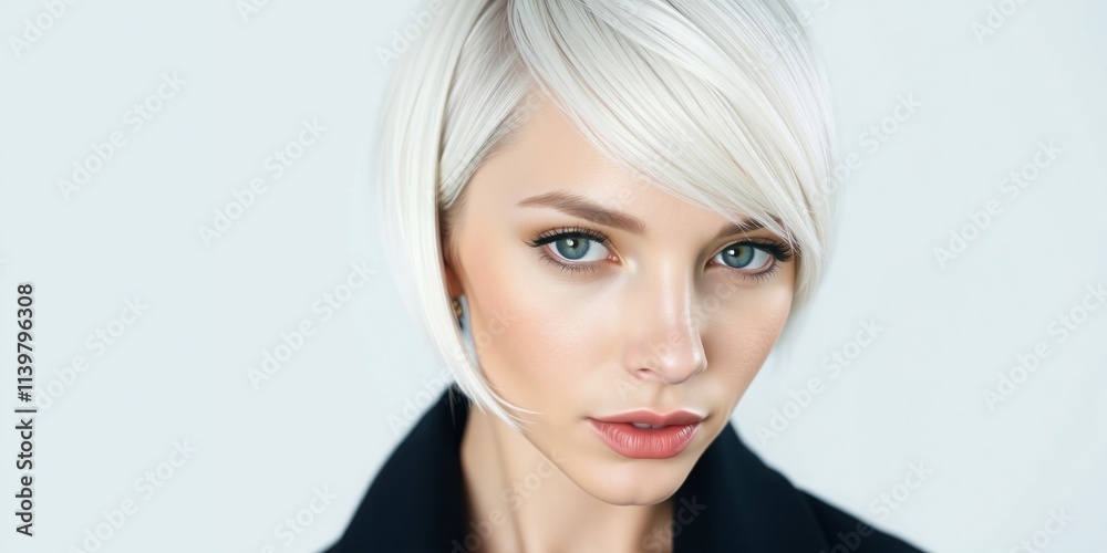 Woman with sleek platinum blonde bob hairstyle and piercing eyes against a light background Woman with sleek platinum blonde bob hairstyle and piercing eyes against a light background