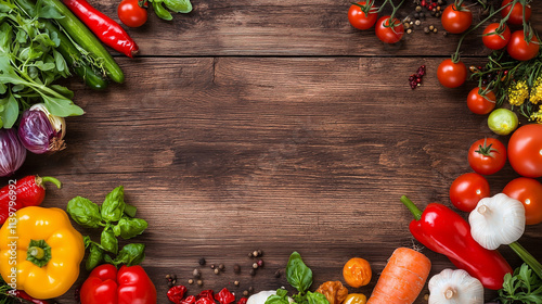 Fresh Harvest: A vibrant display of fresh vegetables arranged around a rustic wooden background, creating a tempting culinary backdrop for your recipe or food photography.