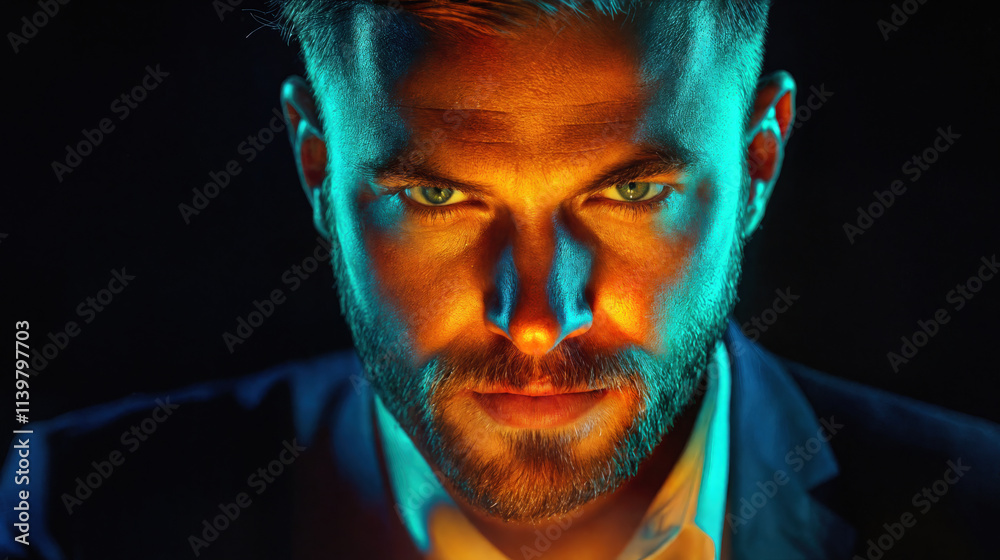 Portrait young man with beard dark background. Handsome, attractive male face with serious expression. Fashionable, modern guy looking confident. human model with brown hair and skin. Professional. Portrait young man with beard dark background. Handsome, attractive male face with serious expression. Fashionable, modern guy looking confident. human model with brown hair and skin. Professional.