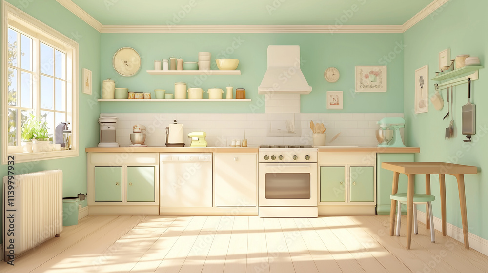 Fototapeta premium Mint Green Kitchen: A cozy and inviting mint green kitchen with warm wooden accents, a charming window, and a cozy breakfast nook, perfect for a relaxed and enjoyable morning. 