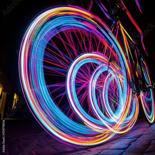 creative light painting photo of a bicycle wheel, long exposure shutter speed forming circular trails, photo