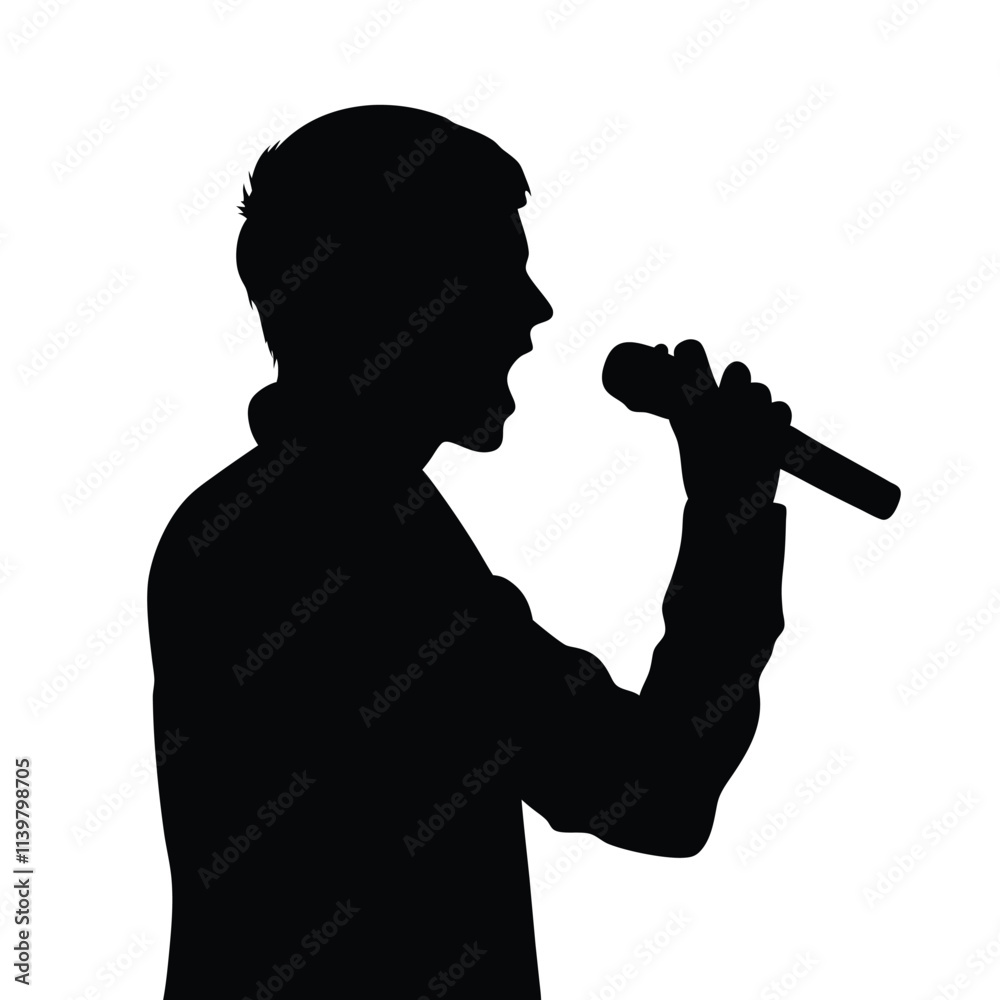 A singer holding a microphone mid-performance silhouette illustration isolated on a white background A singer holding a microphone mid-performance silhouette illustration isolated on a white background