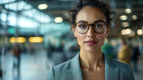 Portrait of young businesswoman with eyeglasses at airport. Modern, attractive professional lady sitting, waiting for journey. Beautiful female executive smiling, confidence