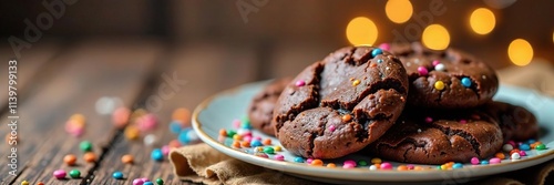 Colorful sprinkles scattered on a plate of warm chocolate cookies, holiday, celebration, cookies photo