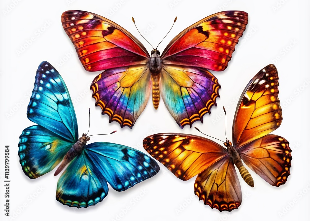 Obraz premium Stunning macro photography showcases three vibrant butterflies against a white background, highlighting intricate textures. Ideal for educational purposes and artistic projects. Perfect nature clipart