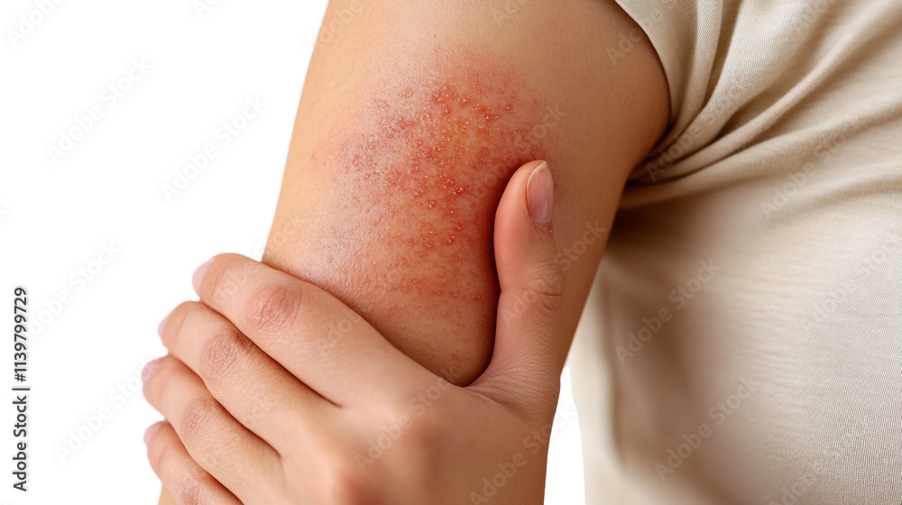 Close-Up of Arm with Red Rash and Scratching Hand Close-Up of Arm with Red Rash and Scratching Hand