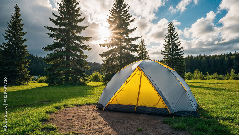 Camping tent illuminated by setting sun in scenic lakeside campground Camping tent illuminated by setting sun in scenic lakeside campground