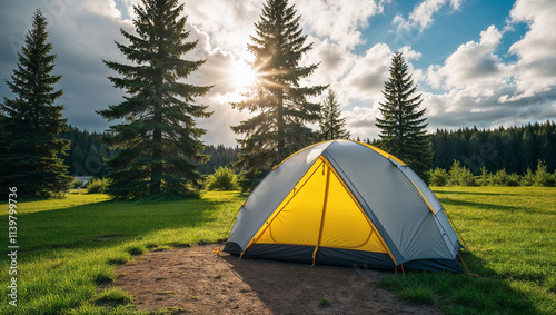 Camping tent illuminated by setting sun in scenic lakeside campground photo