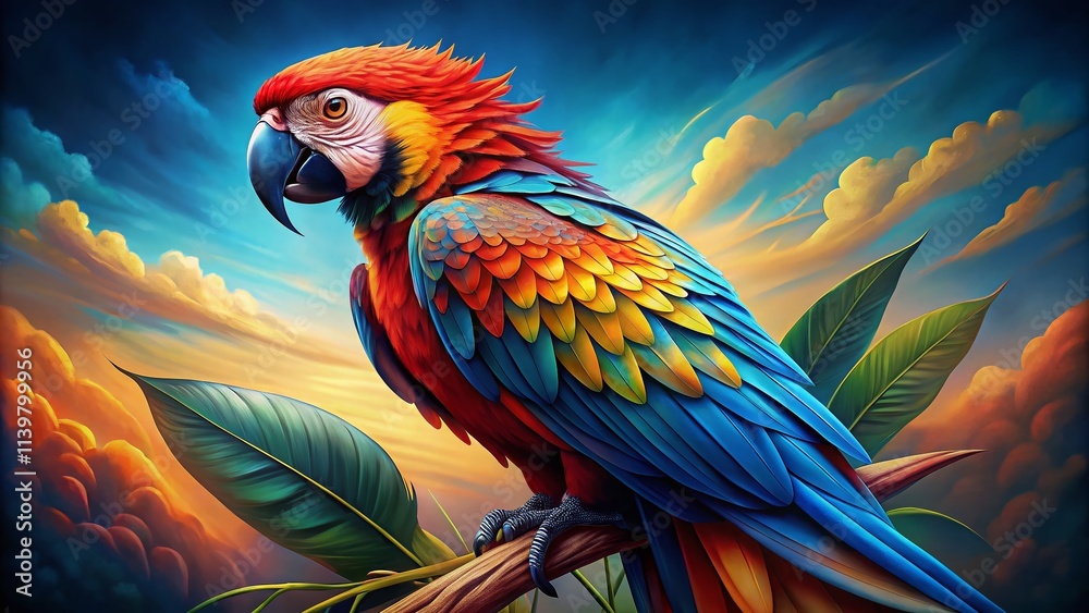 Fototapeta premium Stunning parrot displaying captivating plumage floats gracefully against a serene blue background. This aerial photography clipart beautifully showcases the wonders of avian life.