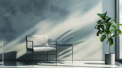 Minimalist chair and indoor plant in sunlit modern room