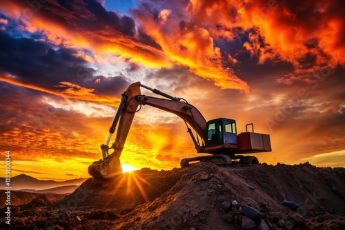 Sunset Excavator Silhouette Construction Site Photography, Dramatic Heavy Machinery Silhouette at Dusk, Industrial Landscape Image photo