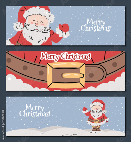 Set of Christmas horizontal banners with cheerful Santa Claus in red suit waving hand on snowy blue background in flat cartoon style. Vector illustration for poster, banner, invitation, etc
