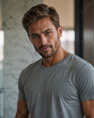 Wallpaper Mural Confident Young Man with Stylish Hair Wearing Gray T-Shirt in Modern Interior Torontodigital.ca