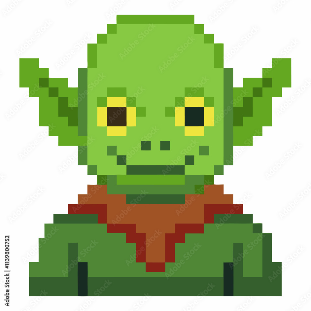 Fototapeta premium Pixel Art Green Goblin Character with Yellow Eyes on White Background