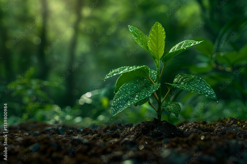 A young green plant thrives in a lush forest, embodying nature's resilience and beauty. A young green plant thrives in a lush forest, embodying nature's resilience and beauty.