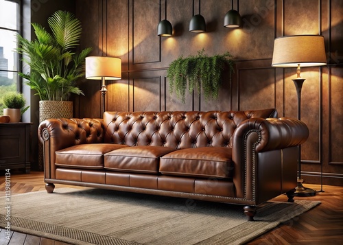 Stylish and elegant, a brown leather couch complements contemporary design, adding warmth and sophistication to modern living spaces while ensuring comfort for relaxation and gatherings. photo