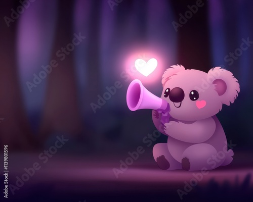 Cute koala holding a horn with glowing heart in a forest at night. photo