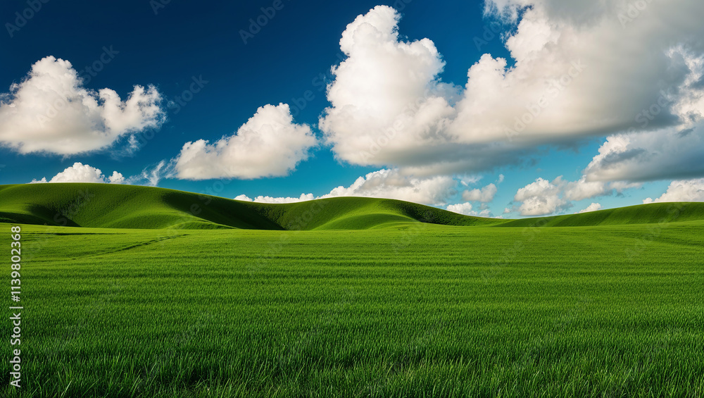 Fototapeta premium Rolling green hills and fields stretching under a cloudy blue sky