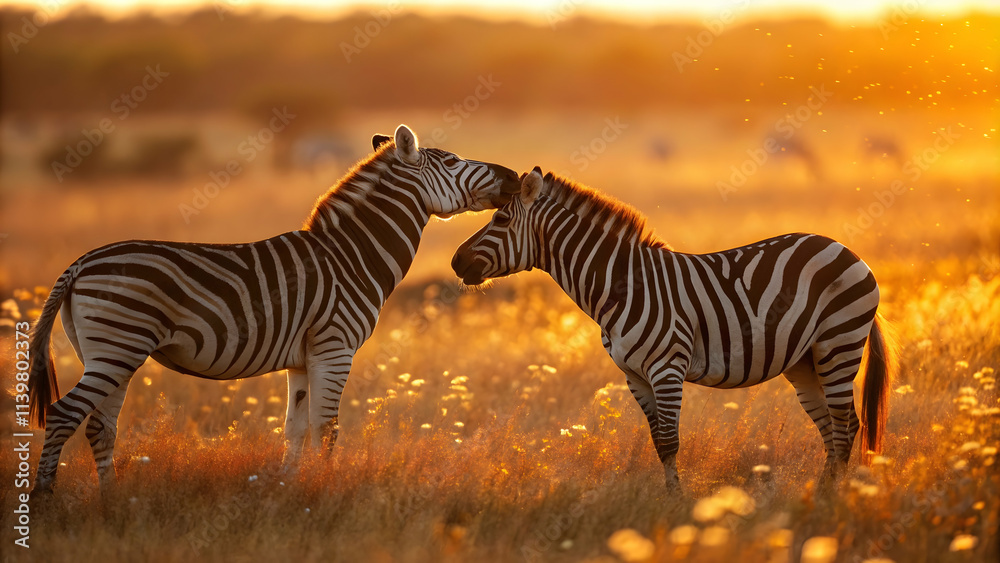 Fototapeta premium Zebras Interacting in the Glow of the Evening Sun