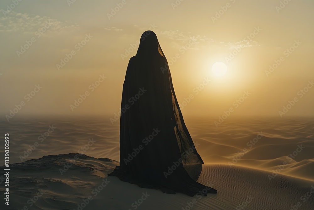 A cinematic still of a woman in a dark cloak standing atop dunes, with the sun setting behind her A cinematic still of a woman in a dark cloak standing atop dunes, with the sun setting behind her