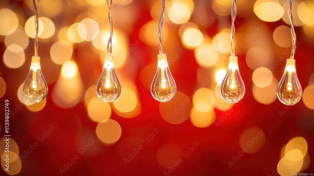 Warm, glowing string lights in teardrop shapes against a blurred red background with bokeh.
