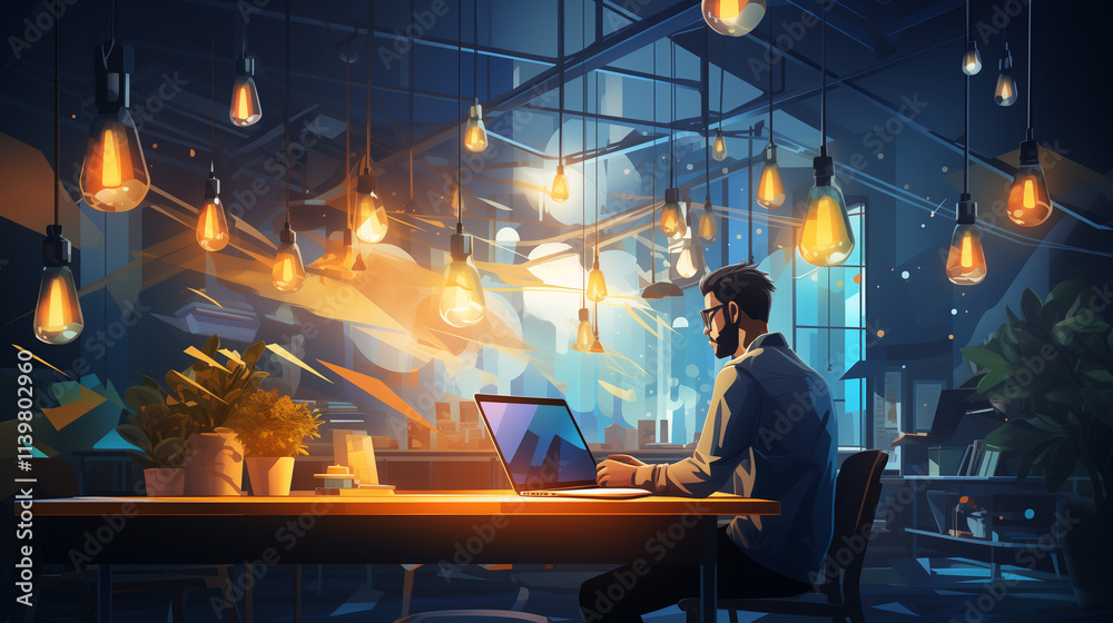 Professional working late in co-working space with concentrated expression and ambient lighting Professional working late in co-working space with concentrated expression and ambient lighting