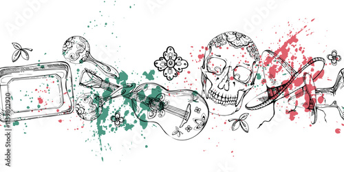 Mexican sombrero hat, guitar maracas musical instruments, tequila, cinco de mayo floral skull, red green flag. Hand drawn ink vector illustration. Isolated seamless banner. Travel, vacation, brochure