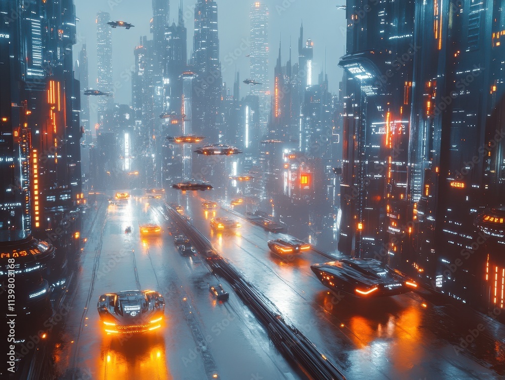 Obraz premium Futuristic cityscape with flying vehicles and neon lights at night.