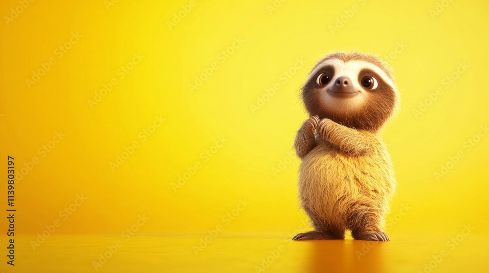 Fototapeta premium Adorable Baby Sloth Standing, Smiling, Yellow Background, Copy Space