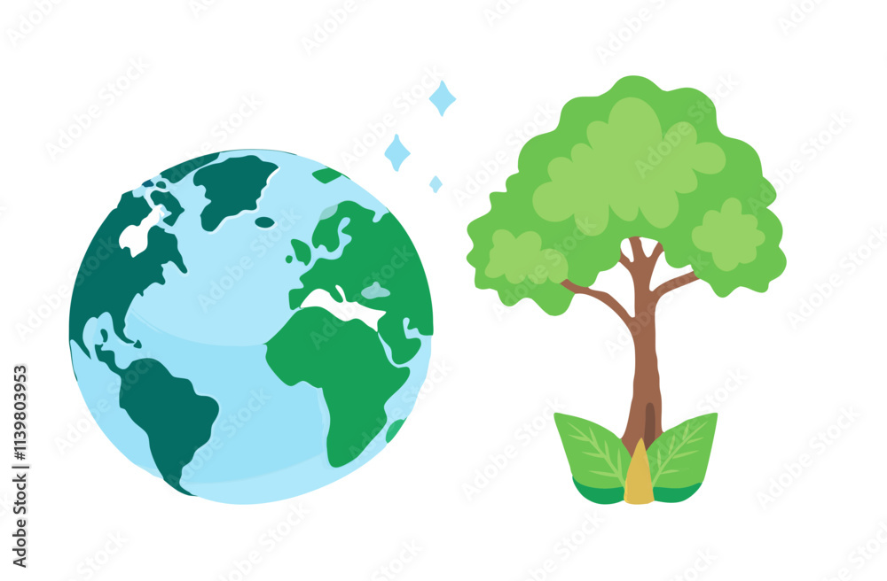 Tree and globe illustration representing importance of tree planting for planet conservation, transparent background Tree and globe illustration representing importance of tree planting for planet conservation, transparent background