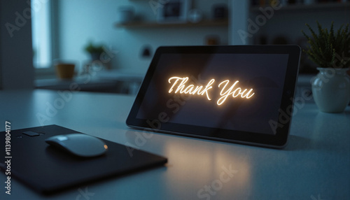 Tablet on simple table displaying glowing 