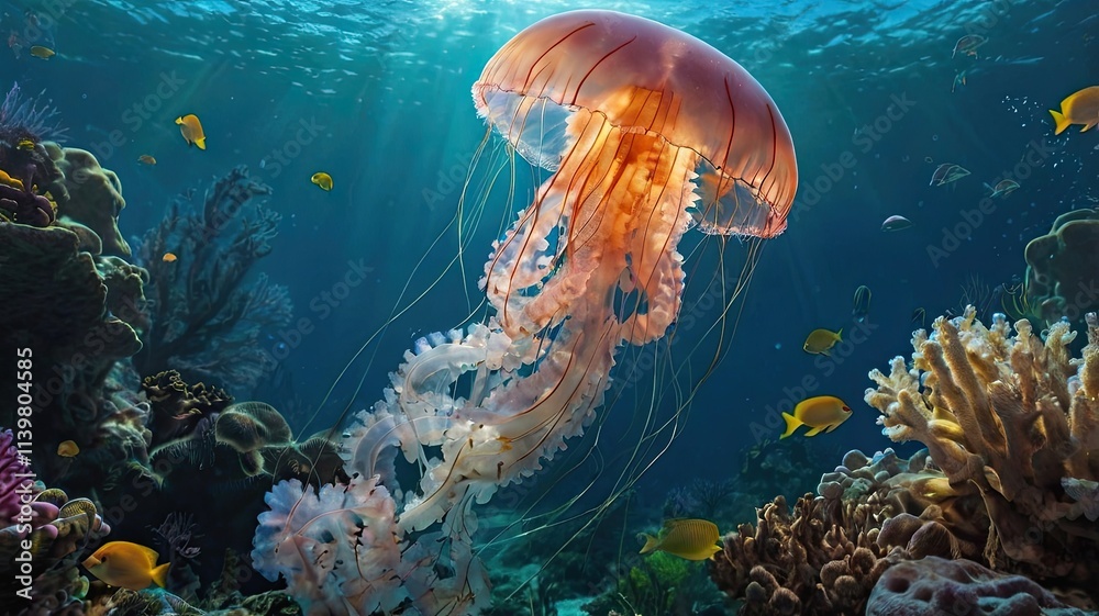 Ocean's Grace: A majestic jellyfish glides through a vibrant coral reef, its translucent bell illuminated by a sunbeam, surrounded by schools of colorful fish. Ocean's Grace: A majestic jellyfish glides through a vibrant coral reef, its translucent bell illuminated by a sunbeam, surrounded by schools of colorful fish.
