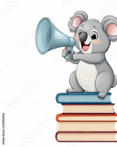 Cute koala using megaphone atop books. photo