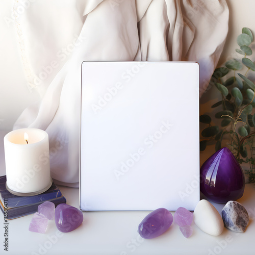 Blank frame with candle, crystals, and purple decor