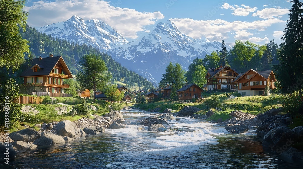 Fototapeta premium Swiss landscape with river, stream, and houses 16k resolution.