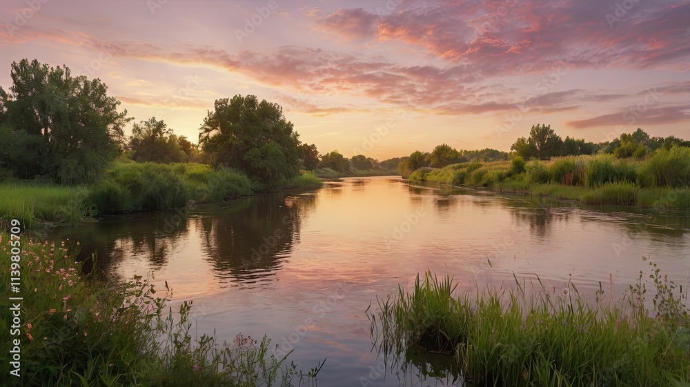 Serene River at Sunset: A tranquil river winds through a lush, verdant landscape, bathed in the soft, golden light of a breathtaking sunset. The sky is ablaze with vibrant hues of pink and orange. Serene River at Sunset: A tranquil river winds through a lush, verdant landscape, bathed in the soft, golden light of a breathtaking sunset. The sky is ablaze with vibrant hues of pink and orange.