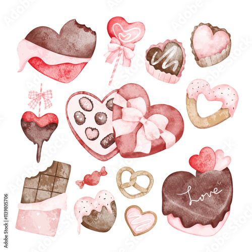 Watercolor Illustration Set of Valentine Sweet Chocolate Dessert