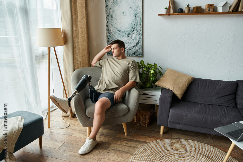 Young man enjoys a quiet moment in a stylish living room, showing his prosthetic leg. Young man enjoys a quiet moment in a stylish living room, showing his prosthetic leg.