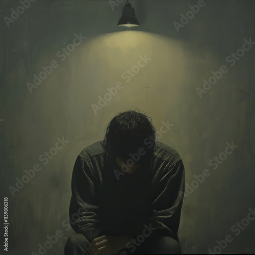 Man sitting under spotlight in a dark room