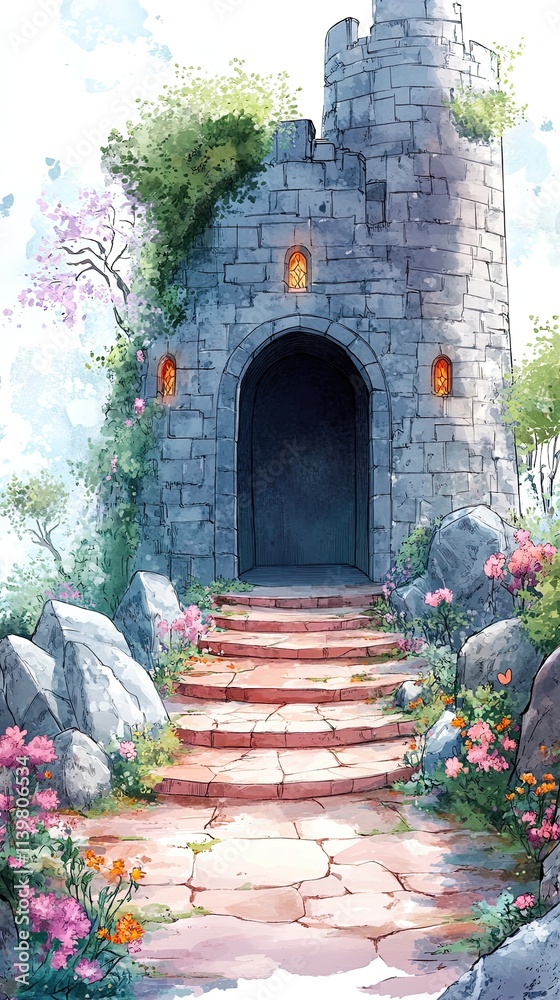 Fototapeta premium A stone tower with an arched doorway and a path leading up to it. The tower is surrounded by lush greenery, with flowers blooming on the path. The sky is a clear blue with clouds.