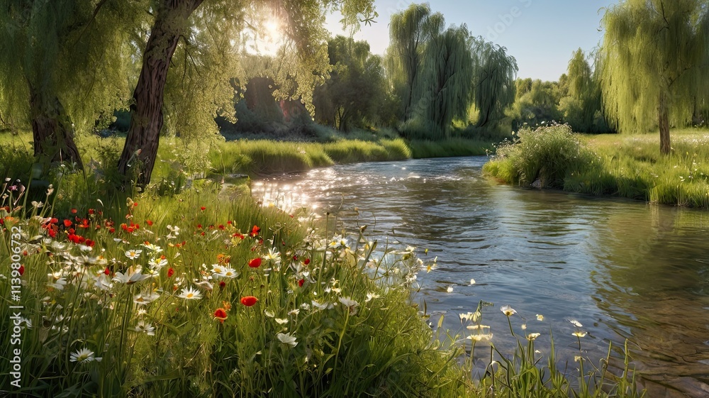 Serene River Meadow: A tranquil landscape unfolds with a meandering river flowing through a verdant meadow, bathed in the warm glow of the setting sun. The scene is adorned with vibrant wildflowers. Serene River Meadow: A tranquil landscape unfolds with a meandering river flowing through a verdant meadow, bathed in the warm glow of the setting sun. The scene is adorned with vibrant wildflowers.