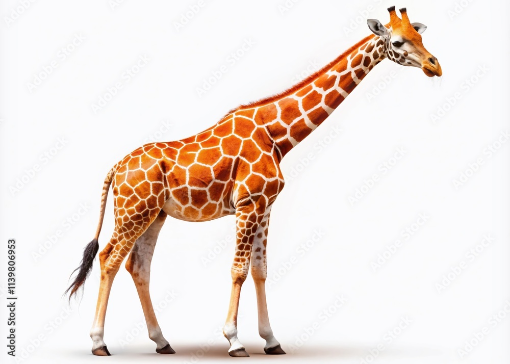 Fototapeta premium This clipart features a tall, animated giraffe with a brilliant orange coat and distinctive spots, perfectly highlighted against a white background in macro photography.