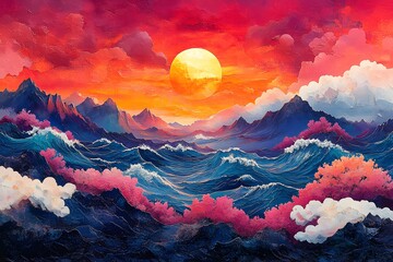 Papier peint photo Corail A colorful, whimsical mountain range with a pink sky and sun in the background, adorned by coral reefs, vibrant waves of rainbow colors flowing across the landscape  © Thali