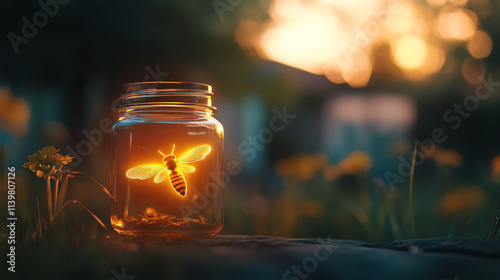 Glowing butterfly in mason jar at golden hour
