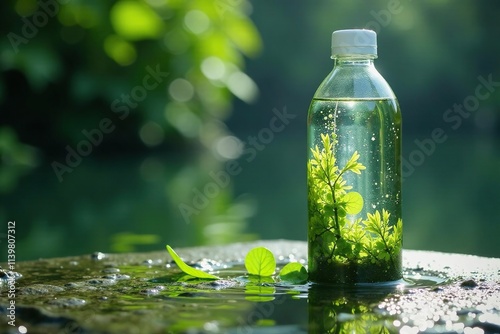 Water bottle with algae growth on the outside in a stagnant pool, pool, contaminated